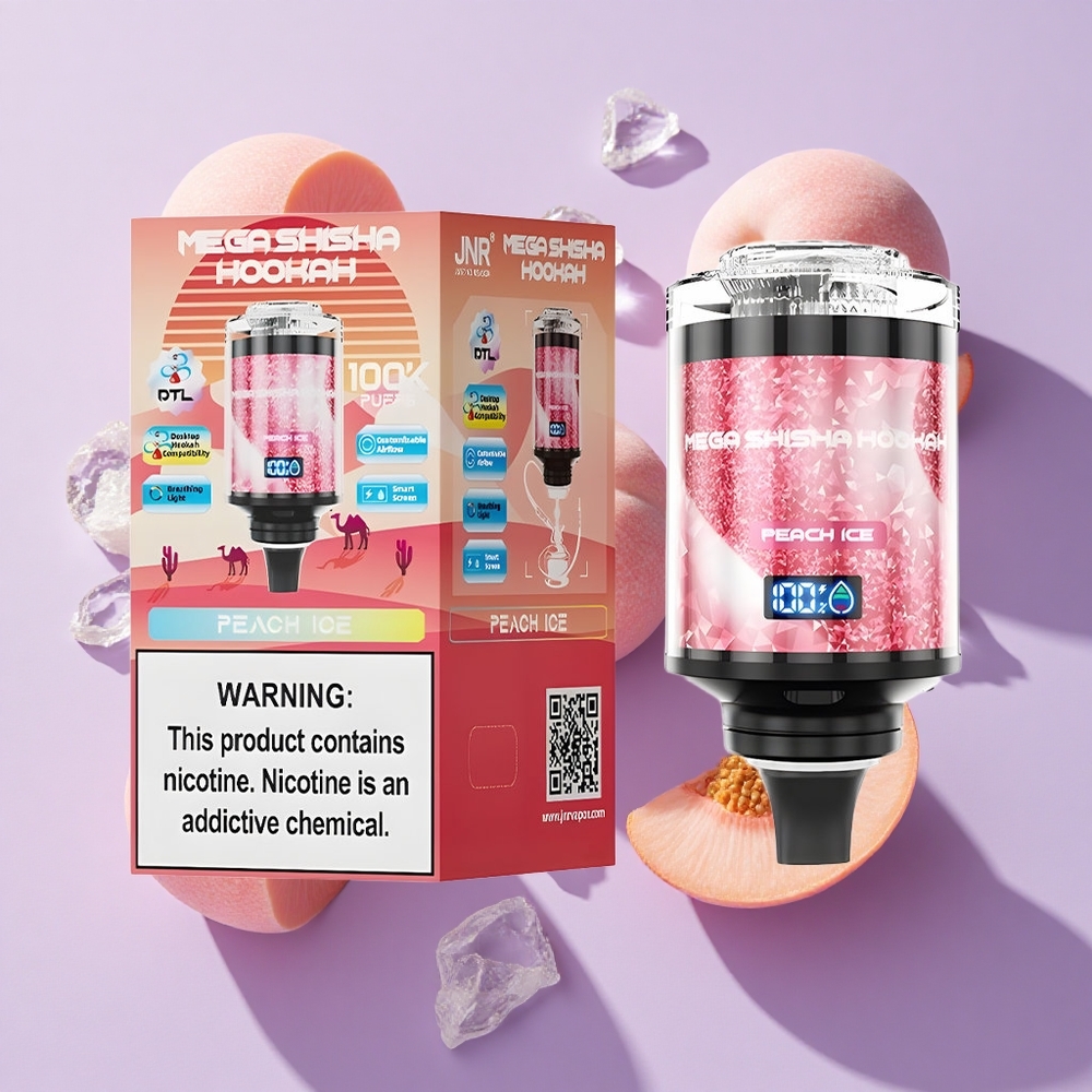 JNR Mega Shisha Hookah 100K Peach Ice Smart Screen Adjustable Airflow